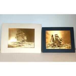 2 Dufex Gold Foil Prints Sailing Ships 70s Vintage Art Matted 9X12 and  8x10
